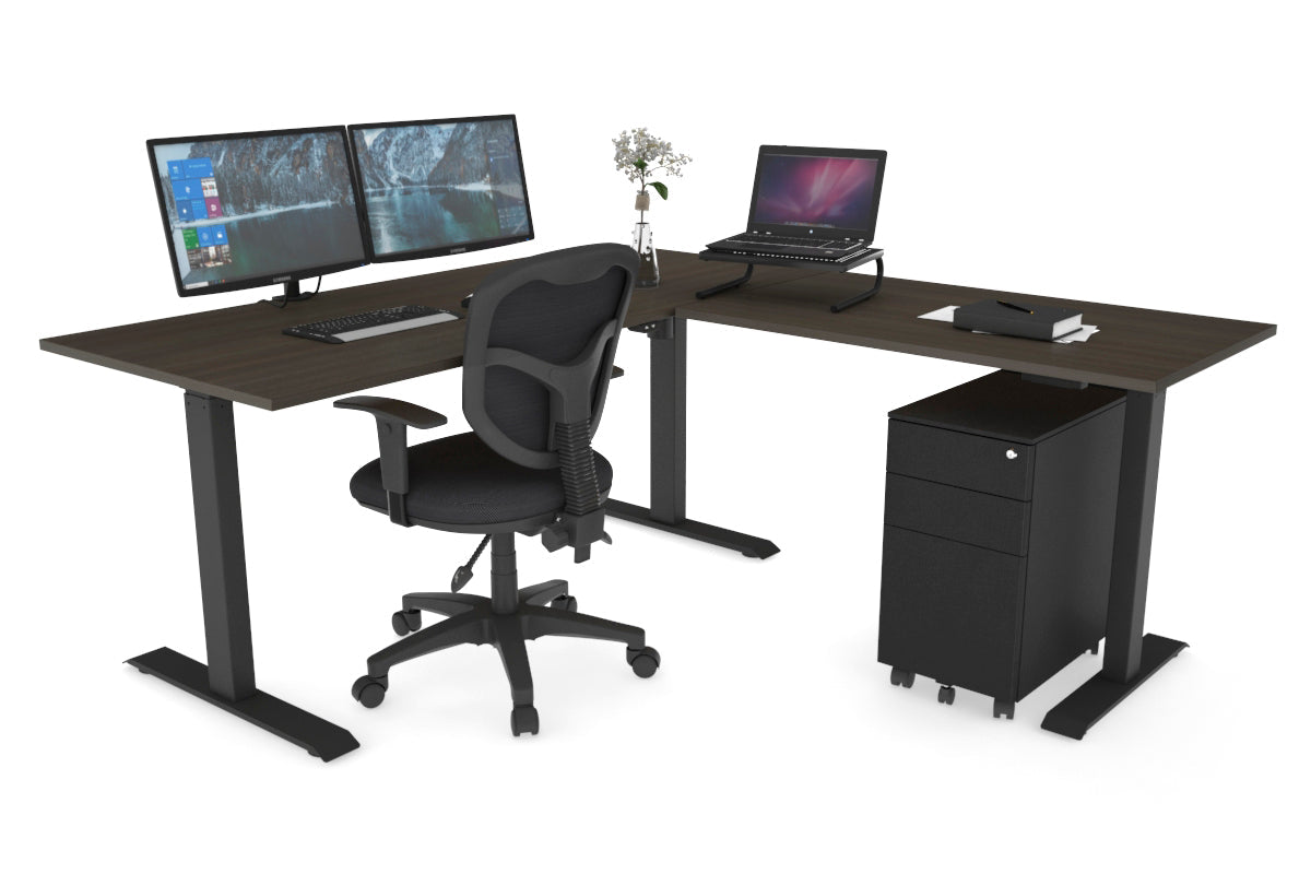 Just Right Height Adjustable Corner (RHS) Workstation - Black Frame [1400L x 1450W] Jasonl dark oak 