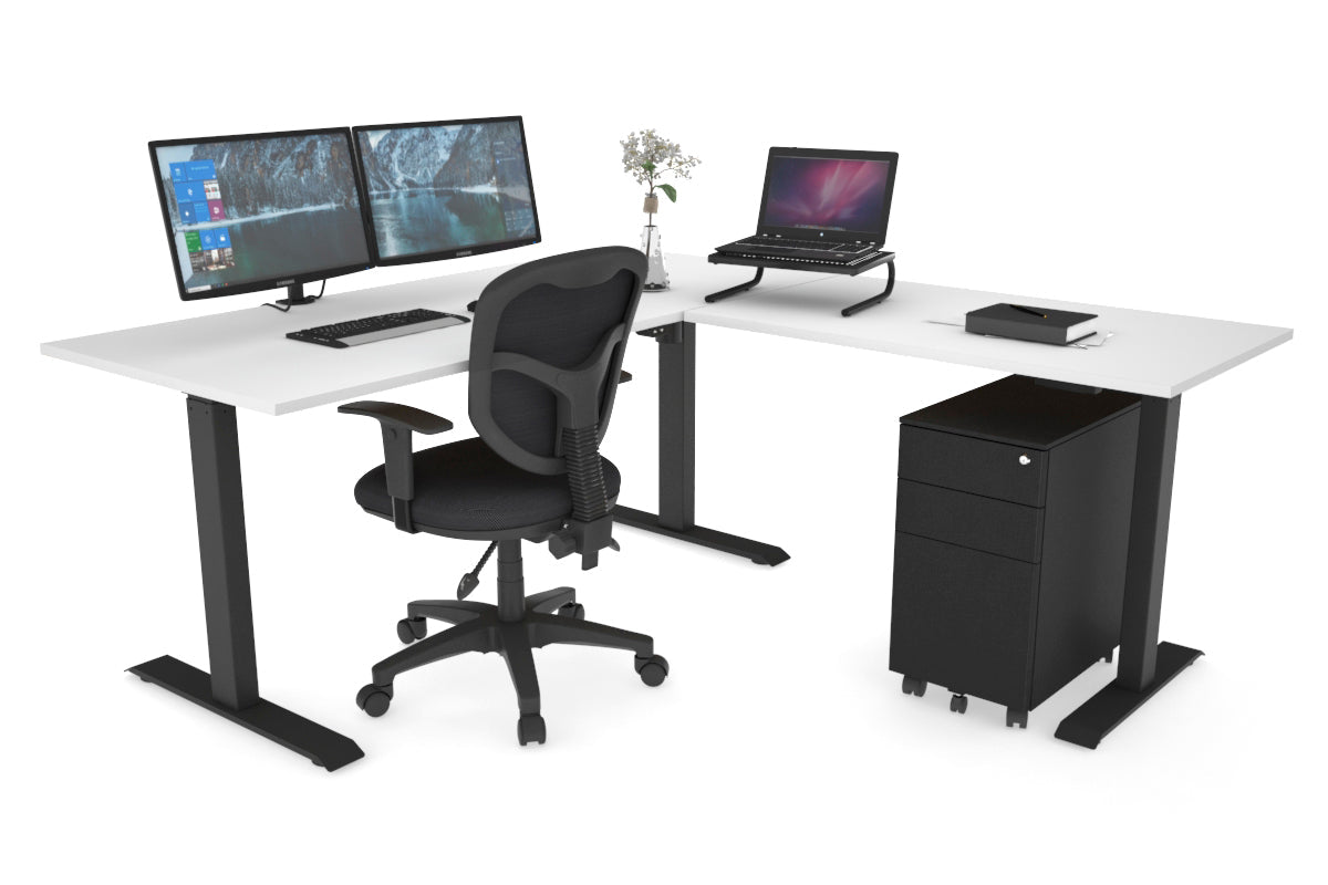 Just Right Height Adjustable Corner (RHS) Workstation - Black Frame [1400L x 1450W] Jasonl white 