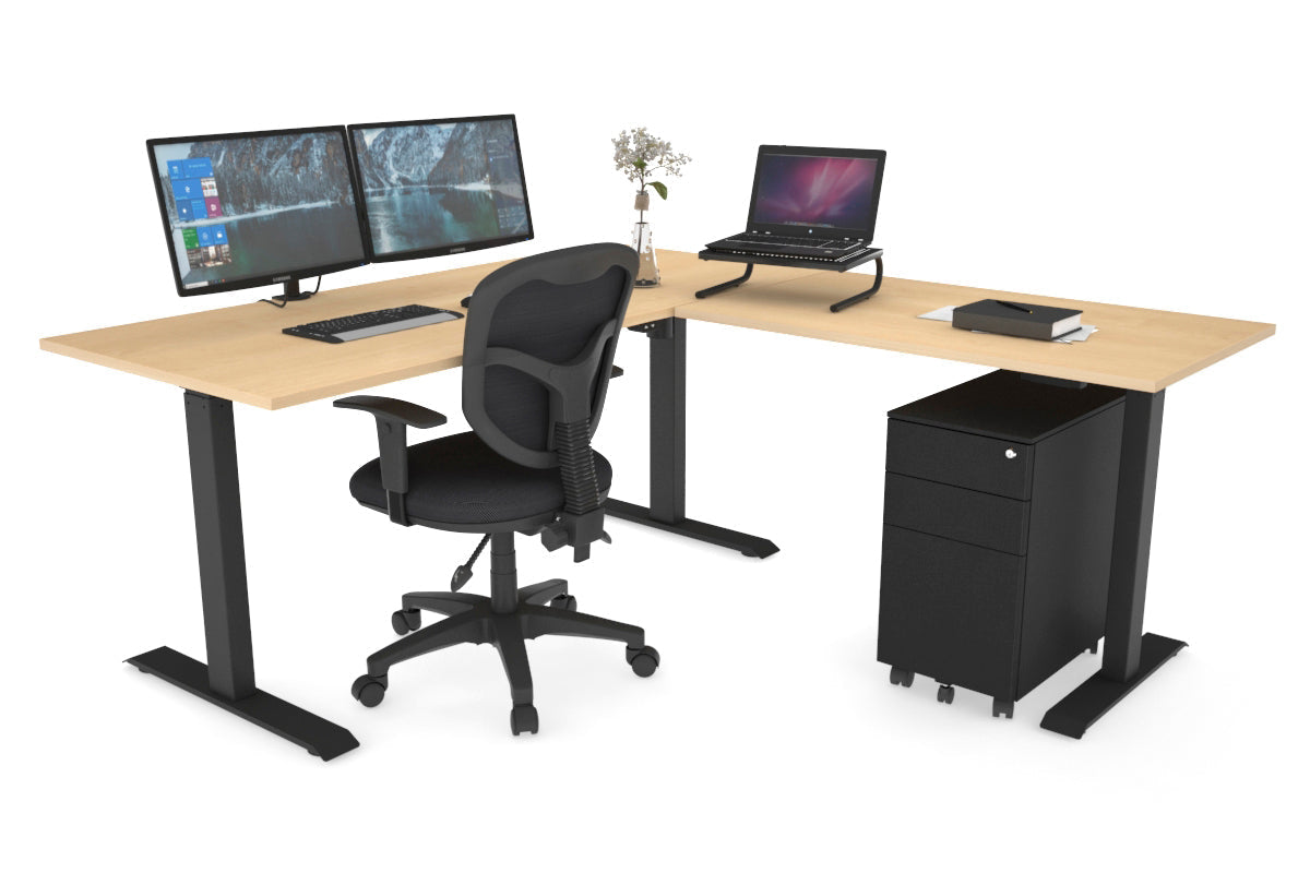 Just Right Height Adjustable Corner (RHS) Workstation - Black Frame [1400L x 1450W] Jasonl maple 