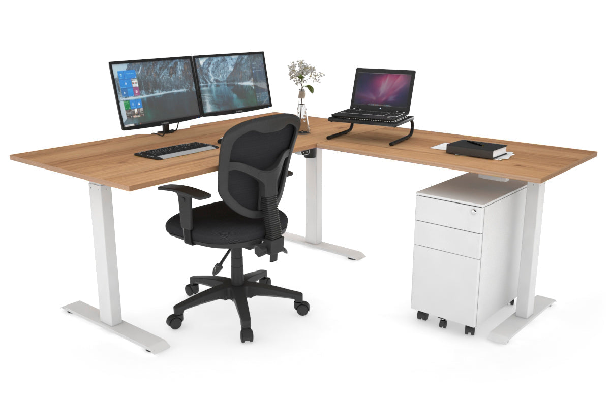 Just Right Height Adjustable Corner (RHS) Workstation - White Frame [1400L x 1550W with Cable Scallop] Jasonl salvage oak 