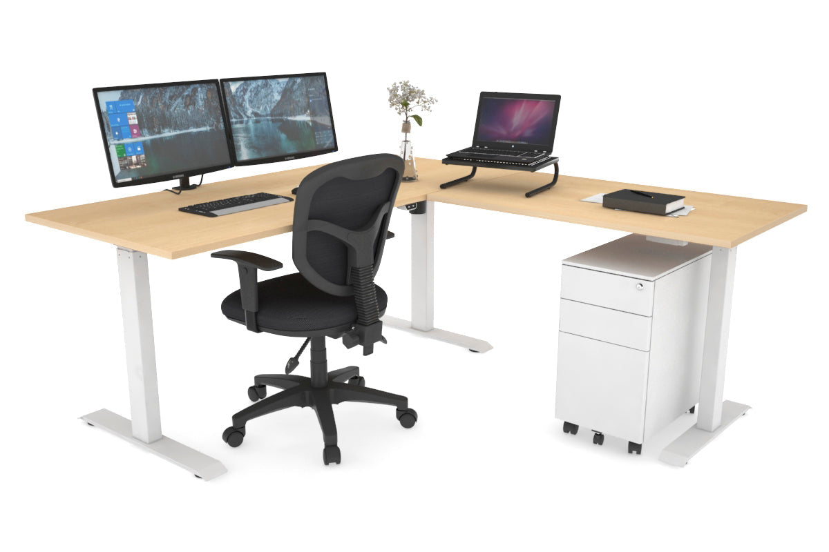 Just Right Height Adjustable Corner (RHS) Workstation - White Frame [1400L x 1700W] Jasonl maple 