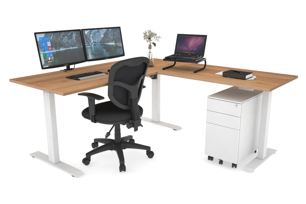 Just Right Height Adjustable Corner (RHS) Workstation - White Frame [1400L x 1700W] Jasonl salvage oak 