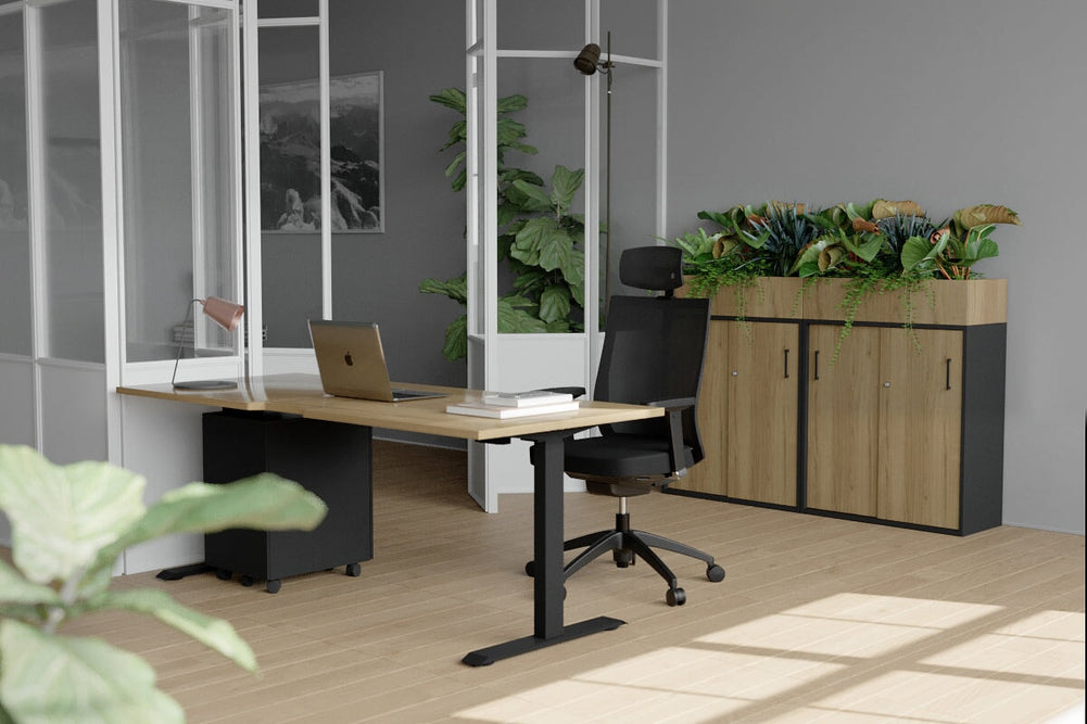 Just Right Height Adjustable Desk [1200L x 700W]-black leg dark oak 
