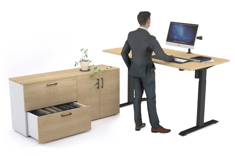 Just Right Height Adjustable Desk Executive Setting [1600L x 700W] Jasonl black frame maple 2 drawer 2 door filing cabinet