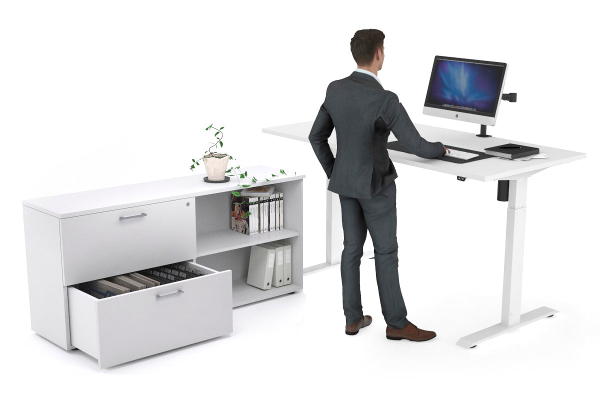 Just Right Height Adjustable Desk Executive Setting [1600L x 700W] Jasonl white frame white 2 drawer open filing cabinet