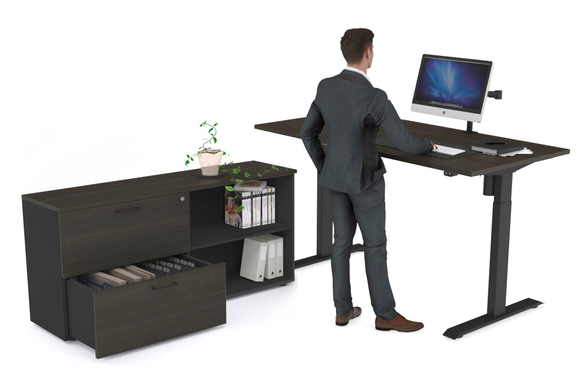 Just Right Height Adjustable Desk Executive Setting [1600L x 700W] Jasonl black frame dark oak 2 drawer open filing cabinet