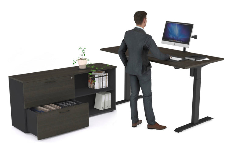 Just Right Height Adjustable Desk Executive Setting [1600L x 700W] Jasonl black frame dark oak 2 drawer open filing cabinet