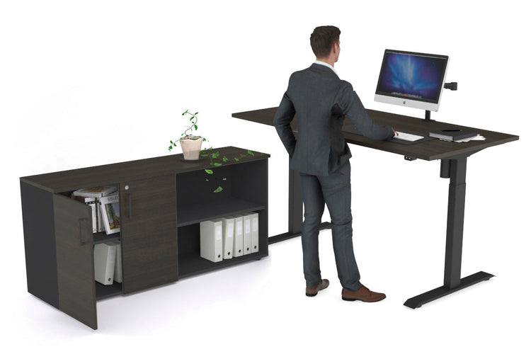 Just Right Height Adjustable Desk Executive Setting [1600L x 700W] Jasonl black frame dark oak 2 door open storage cabinet
