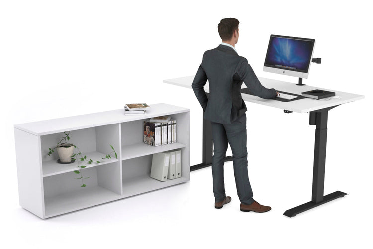 Just Right Height Adjustable Desk Executive Setting [1600L x 700W] Jasonl black frame white open bookcase