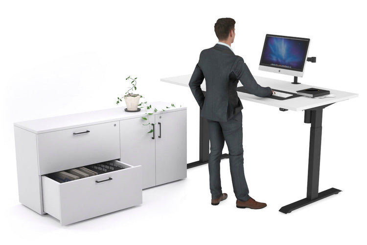 Just Right Height Adjustable Desk Executive Setting [1600L x 700W] Jasonl black frame white 2 drawer 2 door filing cabinet