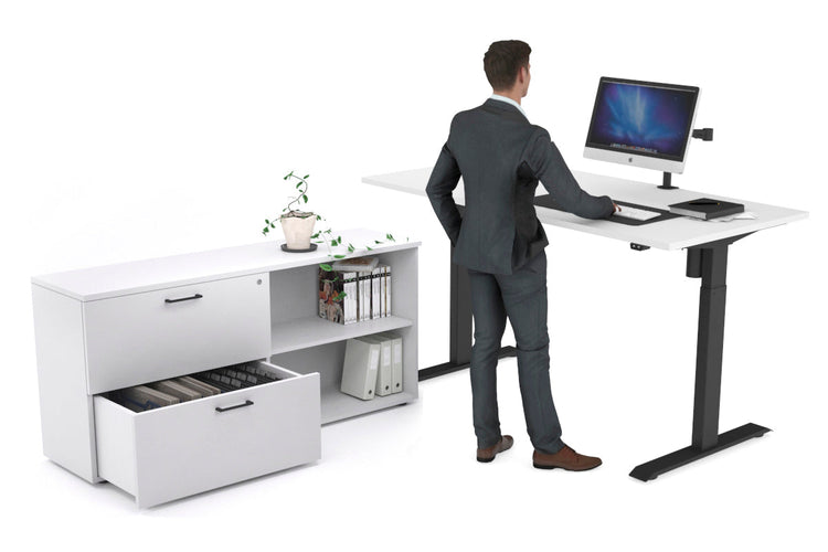 Just Right Height Adjustable Desk Executive Setting [1600L x 700W] Jasonl black frame white 2 drawer open filing cabinet