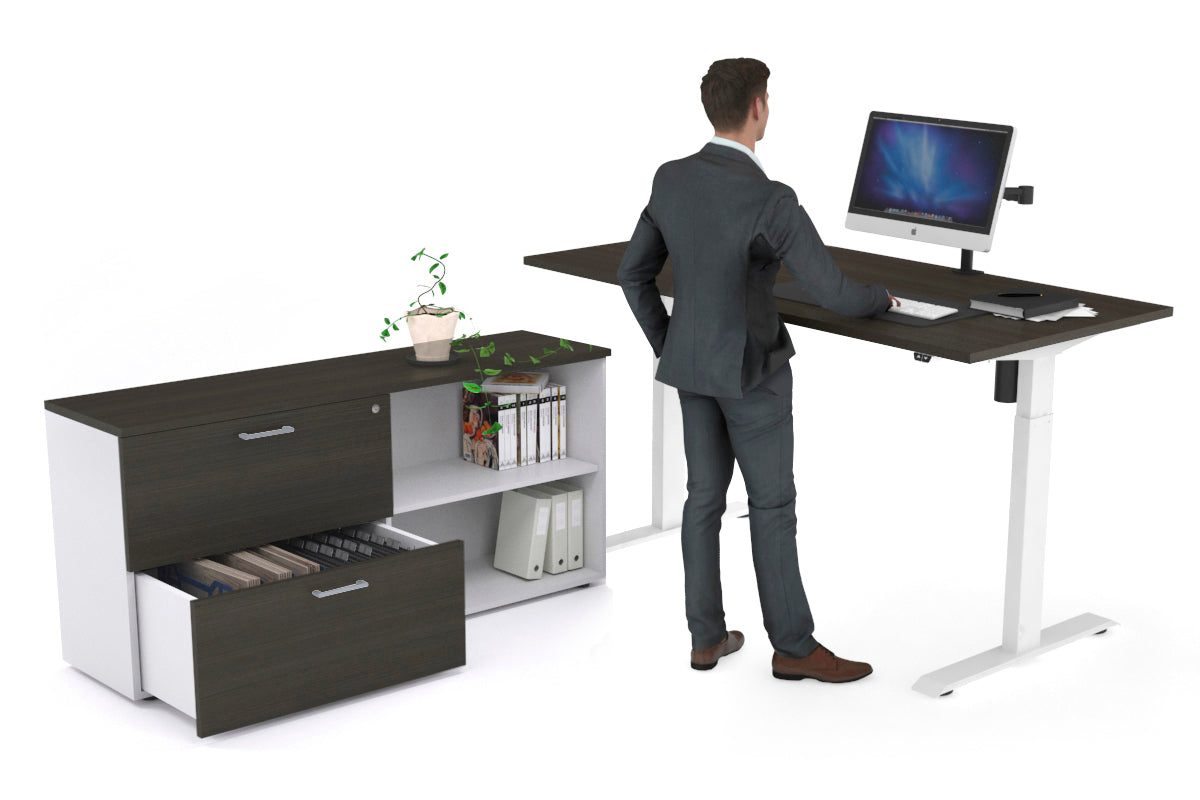 Just Right Height Adjustable Desk Executive Setting [1600L x 700W] Jasonl white frame dark oak 2 drawer open filing cabinet