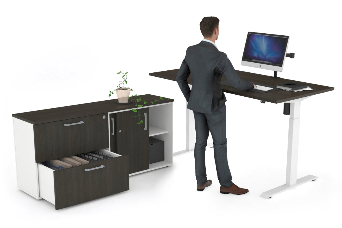 Just Right Height Adjustable Desk Executive Setting [1600L x 700W] Jasonl white frame dark oak 2 drawer lateral sliding door credenza