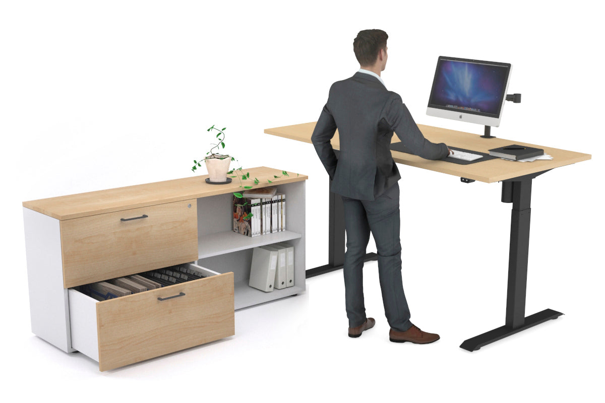 Just Right Height Adjustable Desk Executive Setting [1600L x 700W] Jasonl black frame maple 2 drawer open filing cabinet