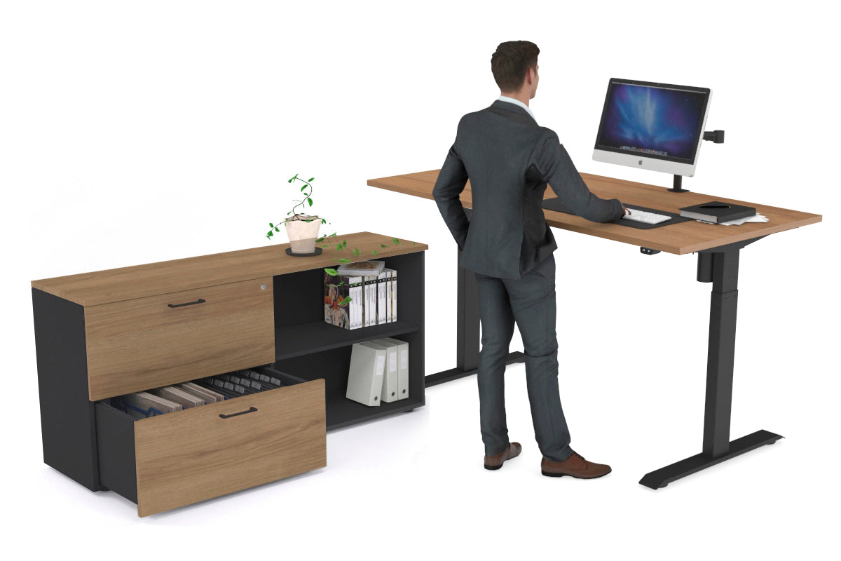Just Right Height Adjustable Desk Executive Setting [1600L x 700W] Jasonl black frame salvage oak 2 drawer open filing cabinet