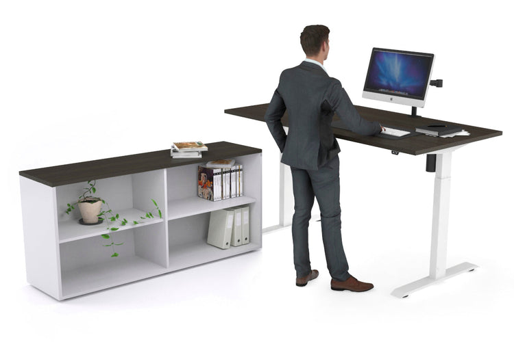 Just Right Height Adjustable Desk Executive Setting [1600L x 700W] Jasonl white frame dark oak open bookcase