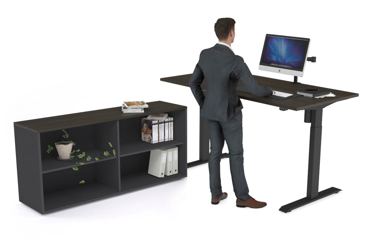Just Right Height Adjustable Desk Executive Setting [1600L x 700W] Jasonl black frame dark oak open bookcase