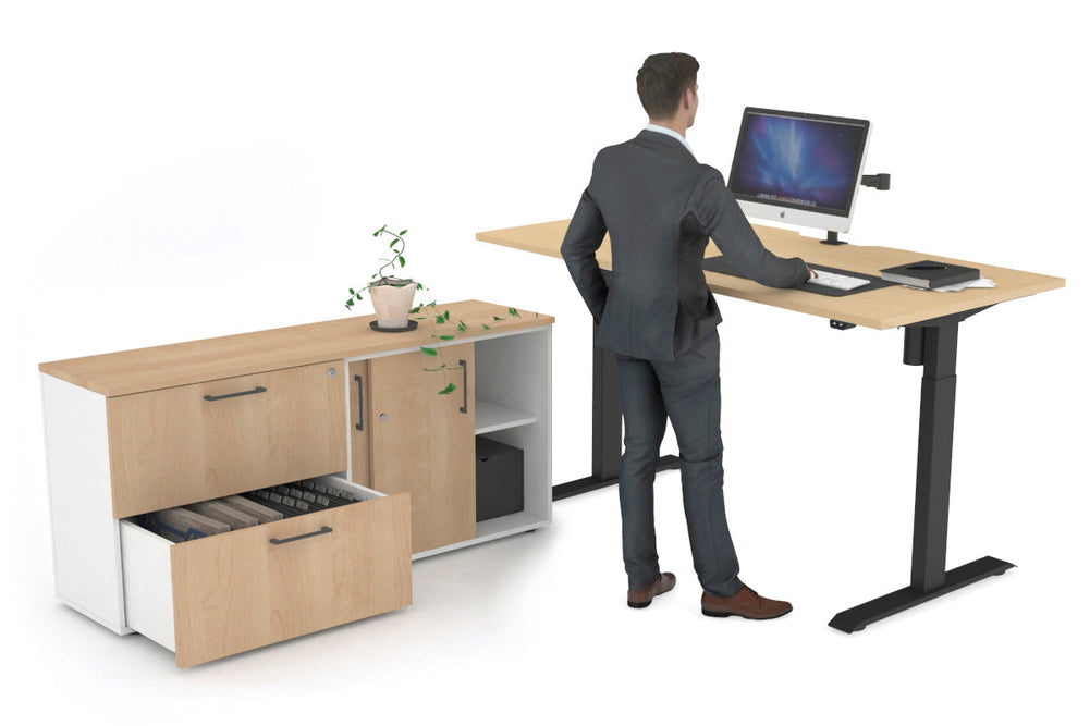 Just Right Height Adjustable Desk Executive Setting [1600L x 800W with Cable Scallop]-black frame maple 2 drawer lateral sliding door credenza