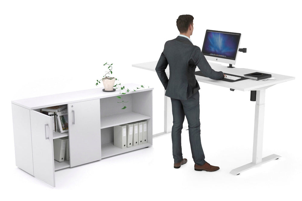 Just Right Height Adjustable Desk Executive Setting [1600L x 800W with Cable Scallop]-white frame white 2 door open storage cabinet