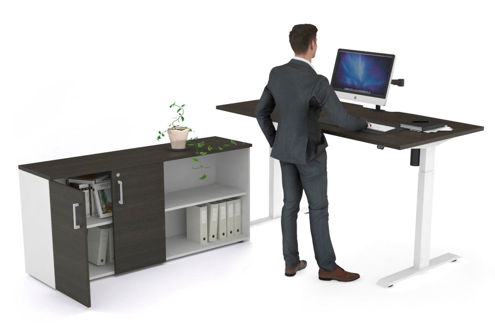 Just Right Height Adjustable Desk Executive Setting [1600L x 800W with Cable Scallop]-white frame dark oak 2 door open storage cabinet