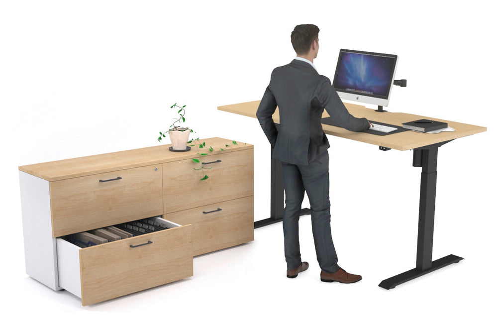 Just Right Height Adjustable Desk Executive Setting [1600L x 800W with Cable Scallop]-black frame maple 4 drawer lateral filing cabinet