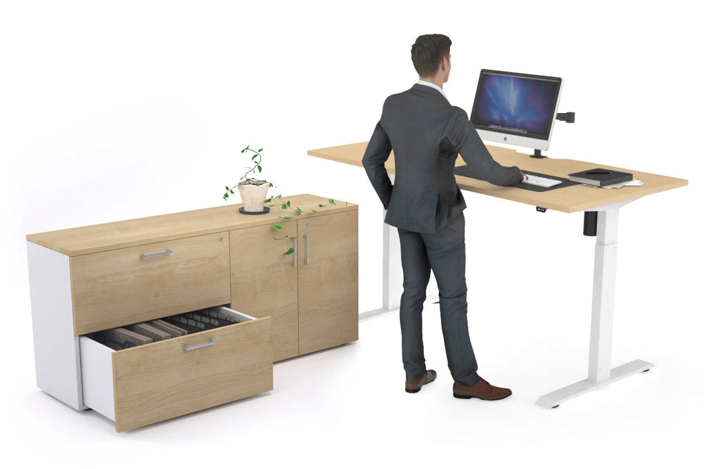 Just Right Height Adjustable Desk Executive Setting [1600L x 800W with Cable Scallop]-white frame maple 2 drawer 2 door filing cabinet