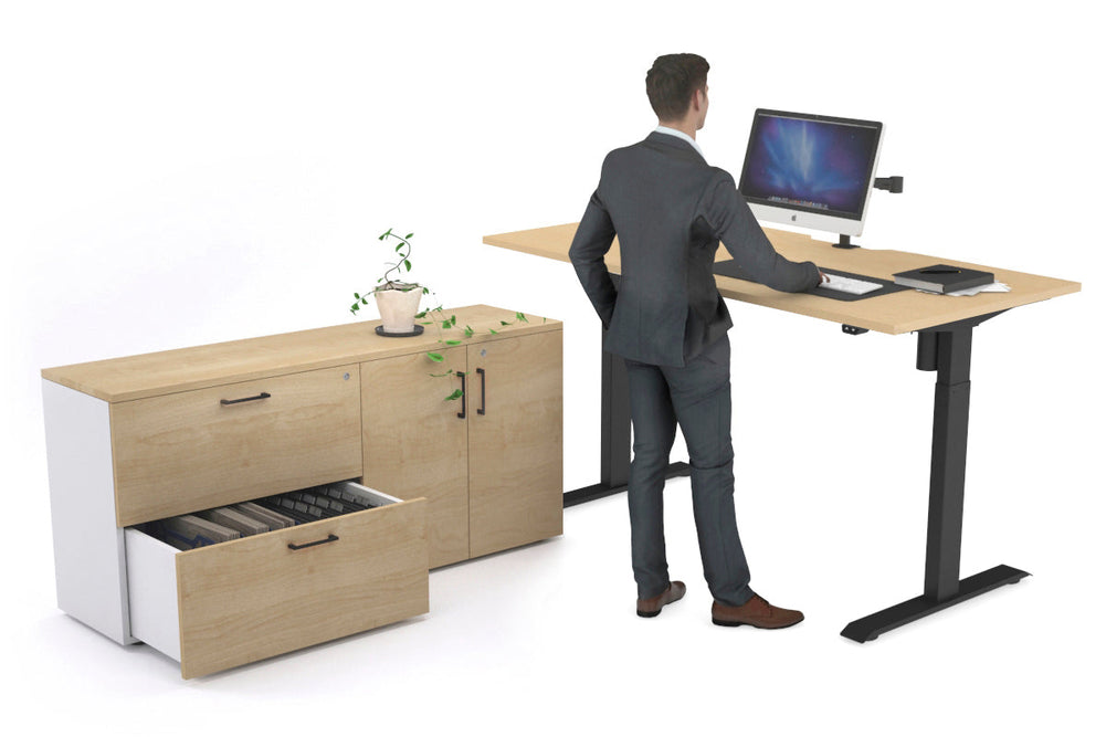 Just Right Height Adjustable Desk Executive Setting [1600L x 800W with Cable Scallop]-black frame maple 2 drawer 2 door filing cabinet