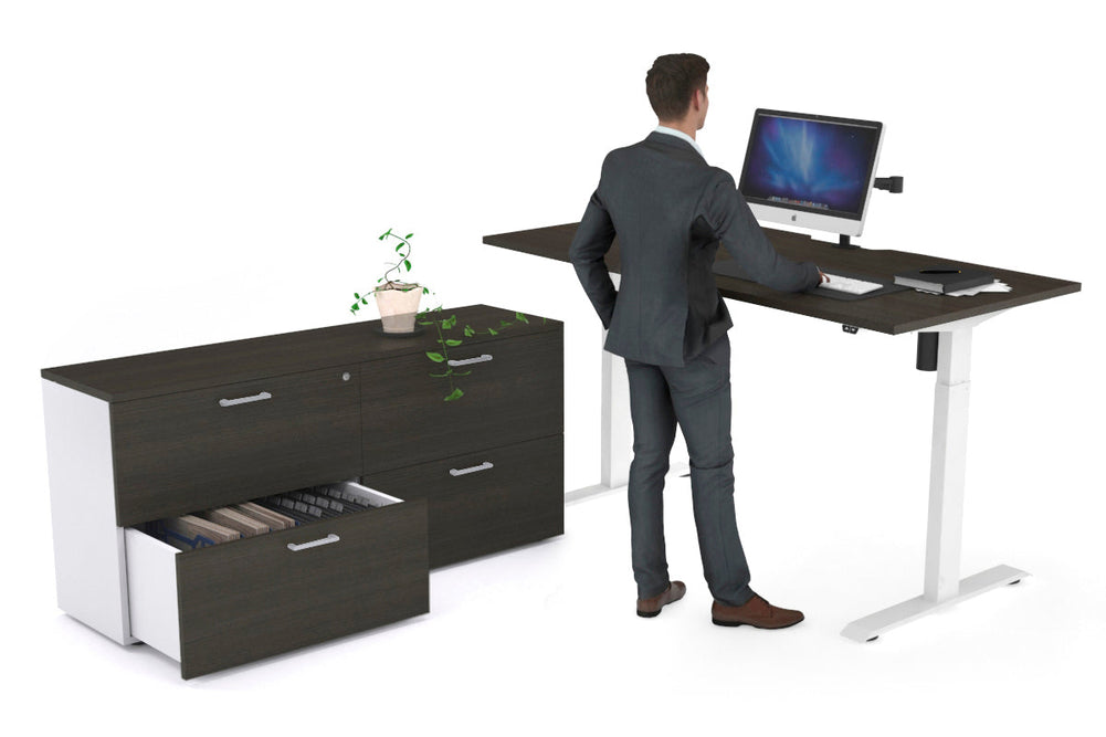 Just Right Height Adjustable Desk Executive Setting [1600L x 800W with Cable Scallop]-white frame dark oak 4 drawer lateral filing cabinet