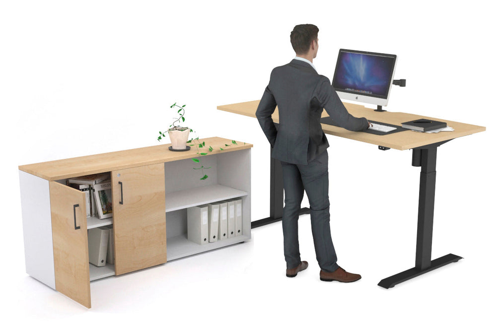 Just Right Height Adjustable Desk Executive Setting [1600L x 800W with Cable Scallop]-black frame maple 2 door open storage cabinet