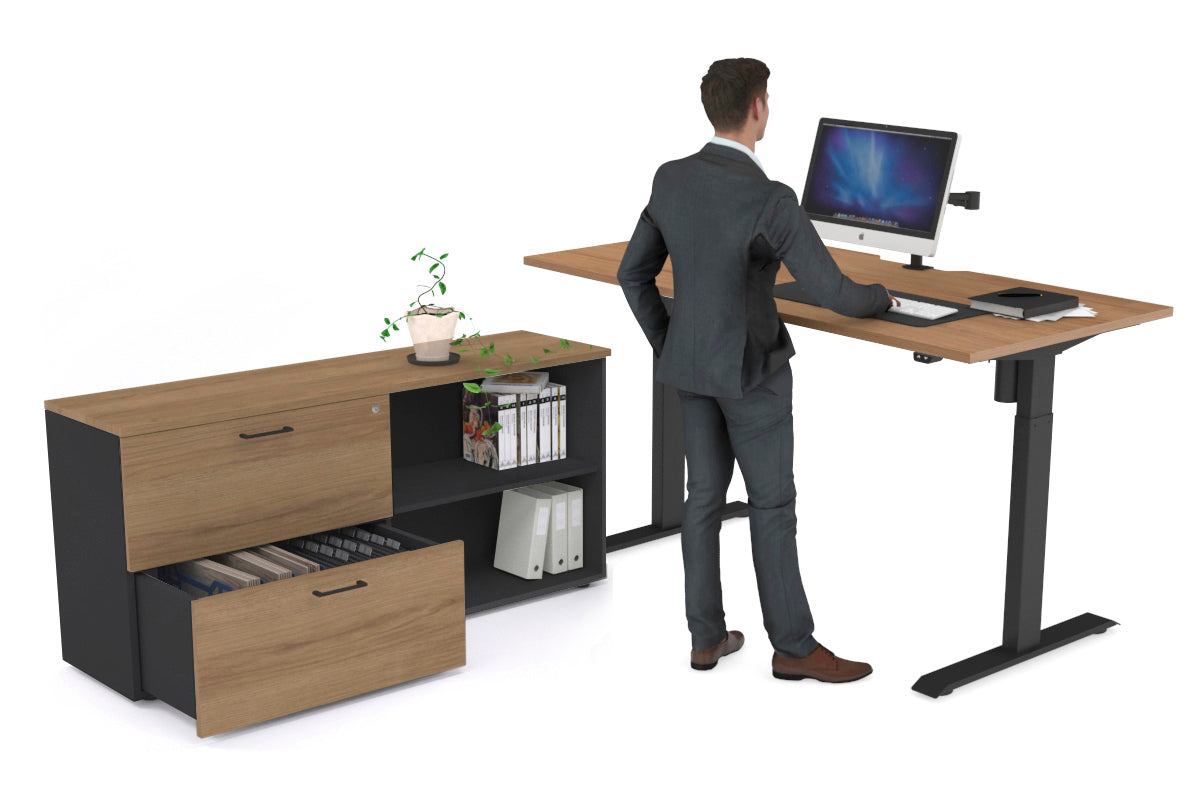 Just Right Height Adjustable Desk Executive Setting [1600L x 800W with Cable Scallop] Jasonl black frame salvage oak 2 drawer open filing cabinet