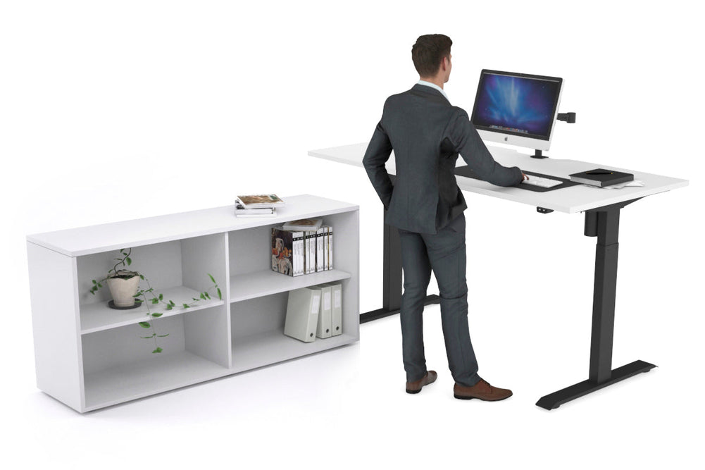 Just Right Height Adjustable Desk Executive Setting [1600L x 800W with Cable Scallop]-black frame white open bookcase