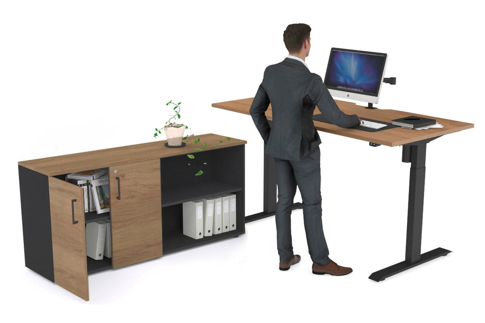 Just Right Height Adjustable Desk Executive Setting [1600L x 800W with Cable Scallop]-black frame salvage oak 2 door open storage cabinet