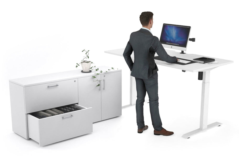 Just Right Height Adjustable Desk Executive Setting [1600L x 800W with Cable Scallop]-white frame white 2 drawer 2 door filing cabinet