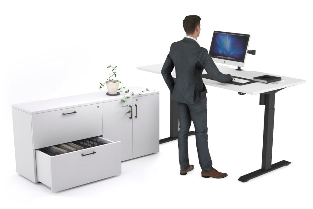 Just Right Height Adjustable Desk Executive Setting [1600L x 800W with Cable Scallop]-black frame white 2 drawer 2 door filing cabinet