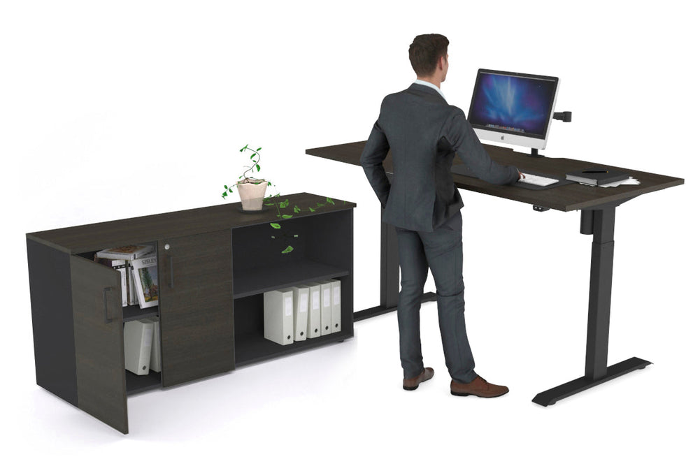 Just Right Height Adjustable Desk Executive Setting [1600L x 800W with Cable Scallop]-black frame dark oak 2 door open storage cabinet