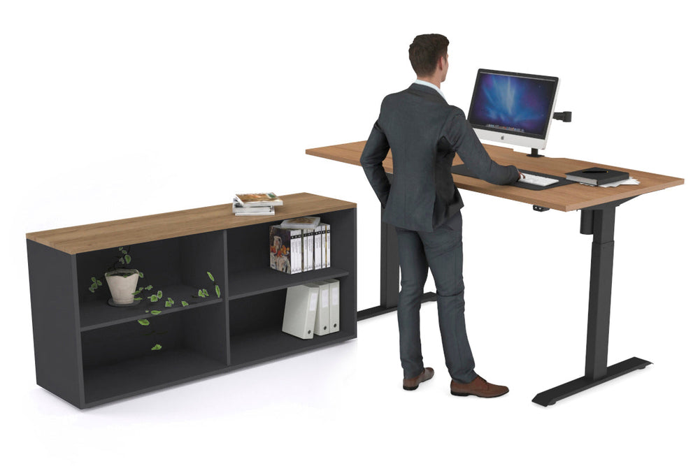 Just Right Height Adjustable Desk Executive Setting [1600L x 800W with Cable Scallop]-black frame salvage oak open bookcase