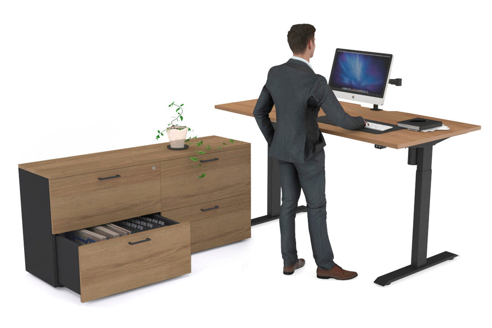 Just Right Height Adjustable Desk Executive Setting [1600L x 800W with Cable Scallop]-black frame salvage oak 4 drawer lateral filing cabinet