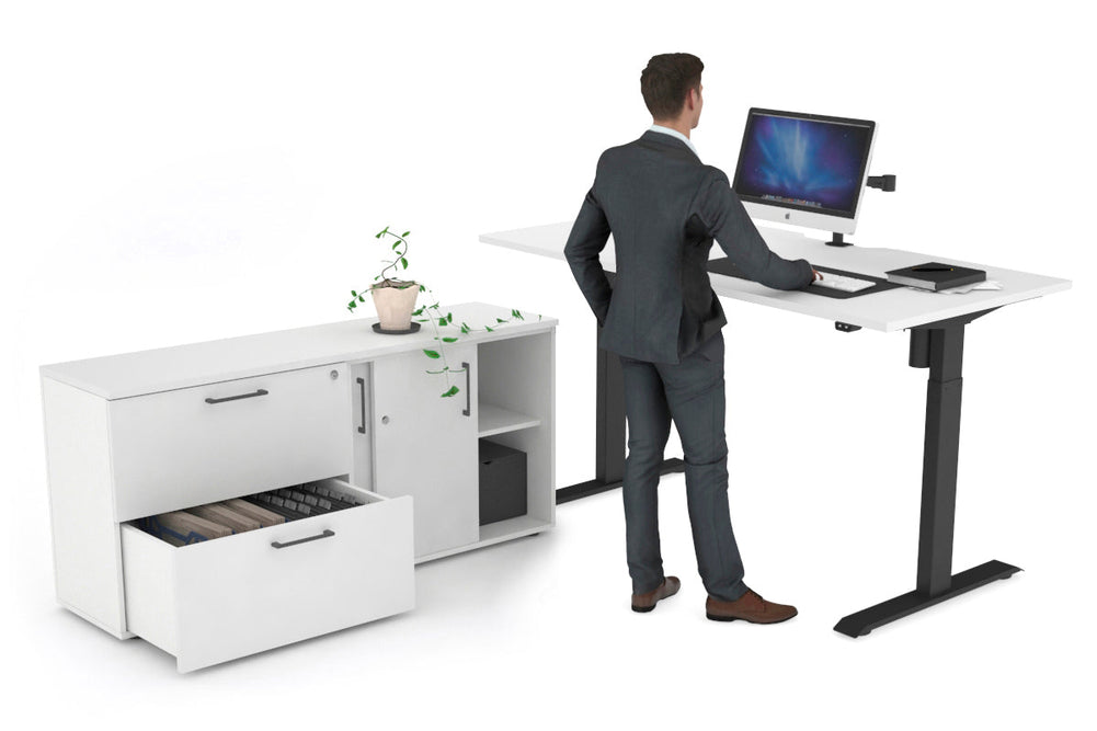 Just Right Height Adjustable Desk Executive Setting [1600L x 800W with Cable Scallop]-black frame white 2 drawer lateral sliding door credenza