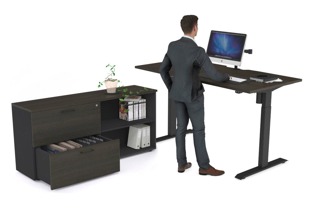 Just Right Height Adjustable Desk Executive Setting [1600L x 800W with Cable Scallop]-black frame dark oak 2 drawer open filing cabinet