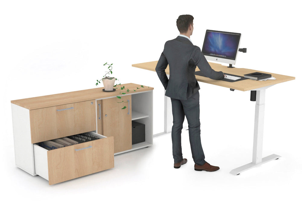 Just Right Height Adjustable Desk Executive Setting [1600L x 800W with Cable Scallop]-white frame maple 2 drawer lateral sliding door credenza