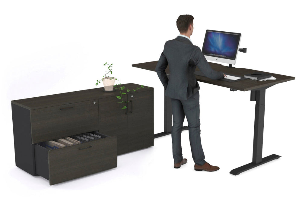Just Right Height Adjustable Desk Executive Setting [1600L x 800W with Cable Scallop]-black frame dark oak 2 drawer 2 door filing cabinet