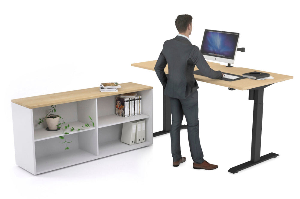 Just Right Height Adjustable Desk Executive Setting [1600L x 800W with Cable Scallop]-black frame maple open bookcase