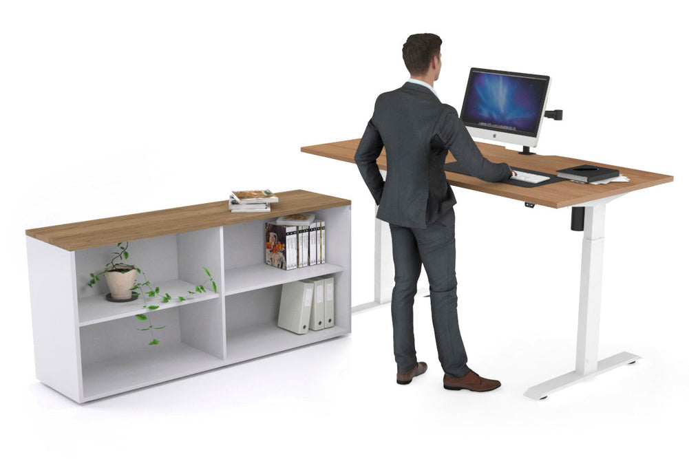 Just Right Height Adjustable Desk Executive Setting [1600L x 800W with Cable Scallop]-white frame salvage oak open bookcase