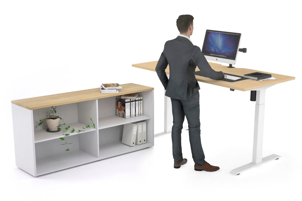 Just Right Height Adjustable Desk Executive Setting [1600L x 800W with Cable Scallop]-white frame maple open bookcase