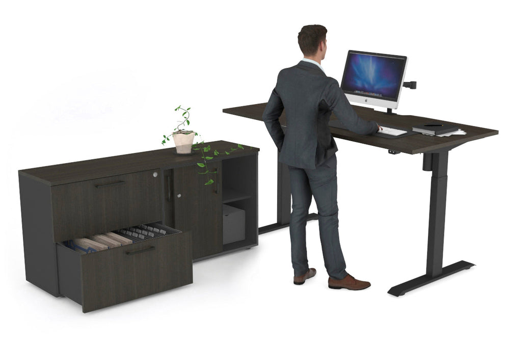 Just Right Height Adjustable Desk Executive Setting [1600L x 800W with Cable Scallop]-black frame dark oak 2 drawer lateral sliding door credenza