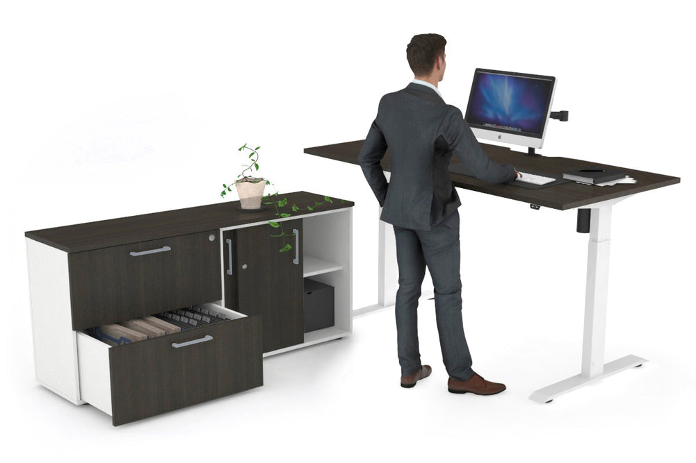 Just Right Height Adjustable Desk Executive Setting [1600L x 800W with Cable Scallop]-white frame dark oak 2 drawer lateral sliding door credenza