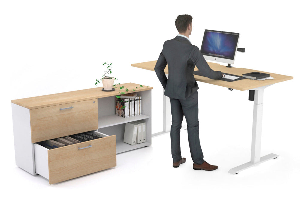 Just Right Height Adjustable Desk Executive Setting [1600L x 800W with Cable Scallop]-white frame maple 2 drawer open filing cabinet