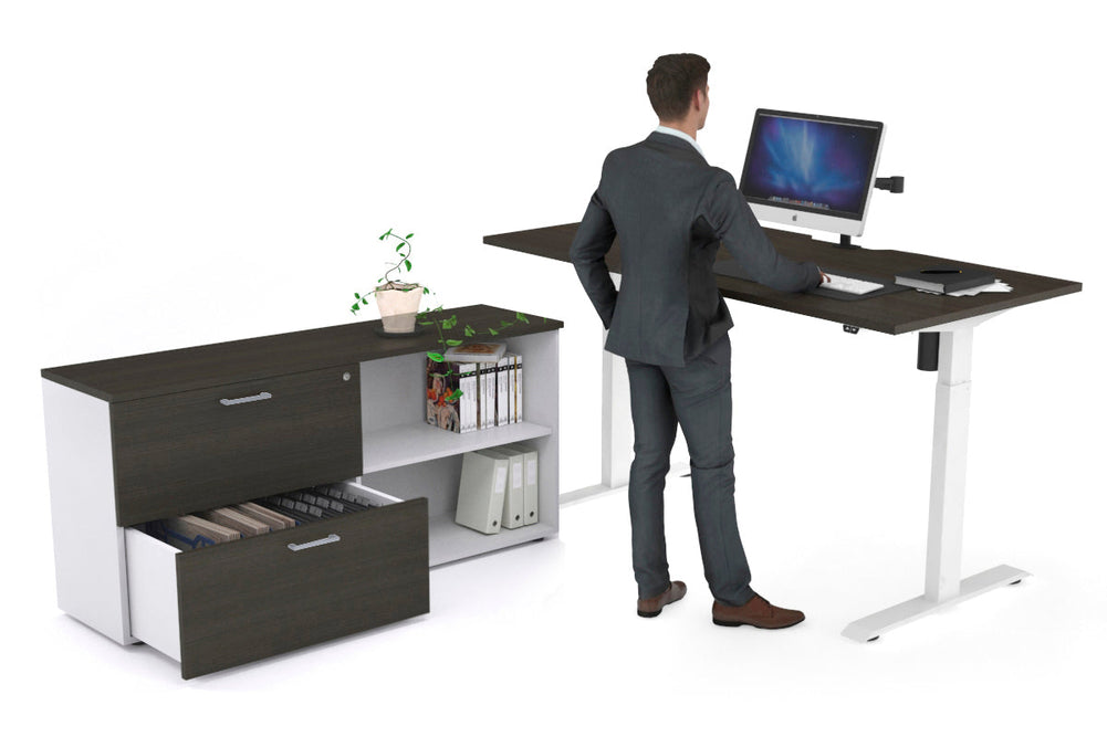 Just Right Height Adjustable Desk Executive Setting [1600L x 800W with Cable Scallop]-white frame dark oak 2 drawer open filing cabinet