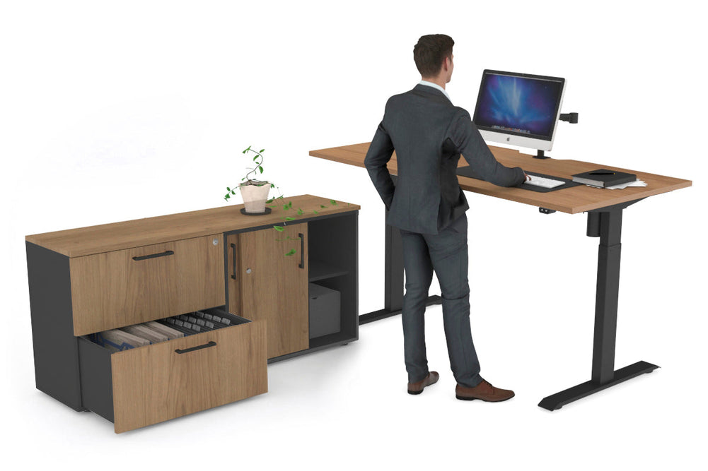 Just Right Height Adjustable Desk Executive Setting [1600L x 800W with Cable Scallop]-black frame salvage oak 2 drawer lateral sliding door credenza