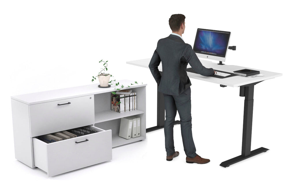 Just Right Height Adjustable Desk Executive Setting [1600L x 800W with Cable Scallop]-black frame white 2 drawer open filing cabinet